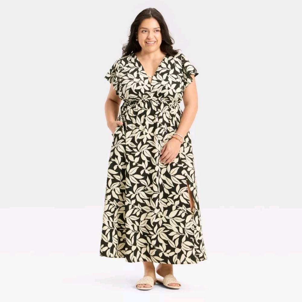 NWT White/Black Flutter Sleeve A-line Maxi Dress Size XXL